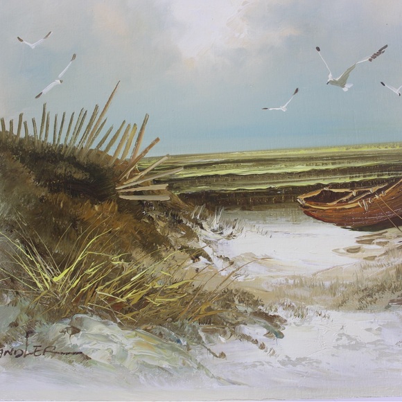 Vintage Oil Painting, Seascape, Beach Scene Boat Sand Dunes Waves Seagulls Beach - Picture 2 of 8